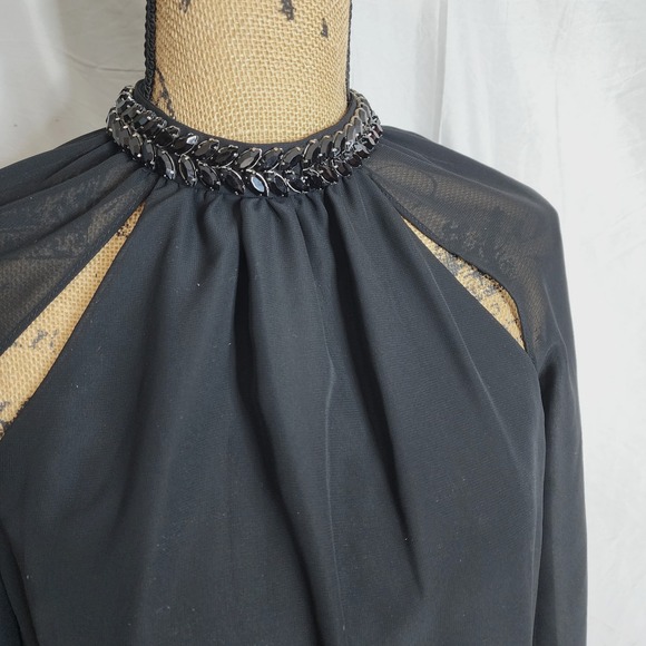JESSICA SIMPSON Size Small Sheer Black Chiffon Rhinestone Collar Open Sleeve Top - Picture 10 of 16